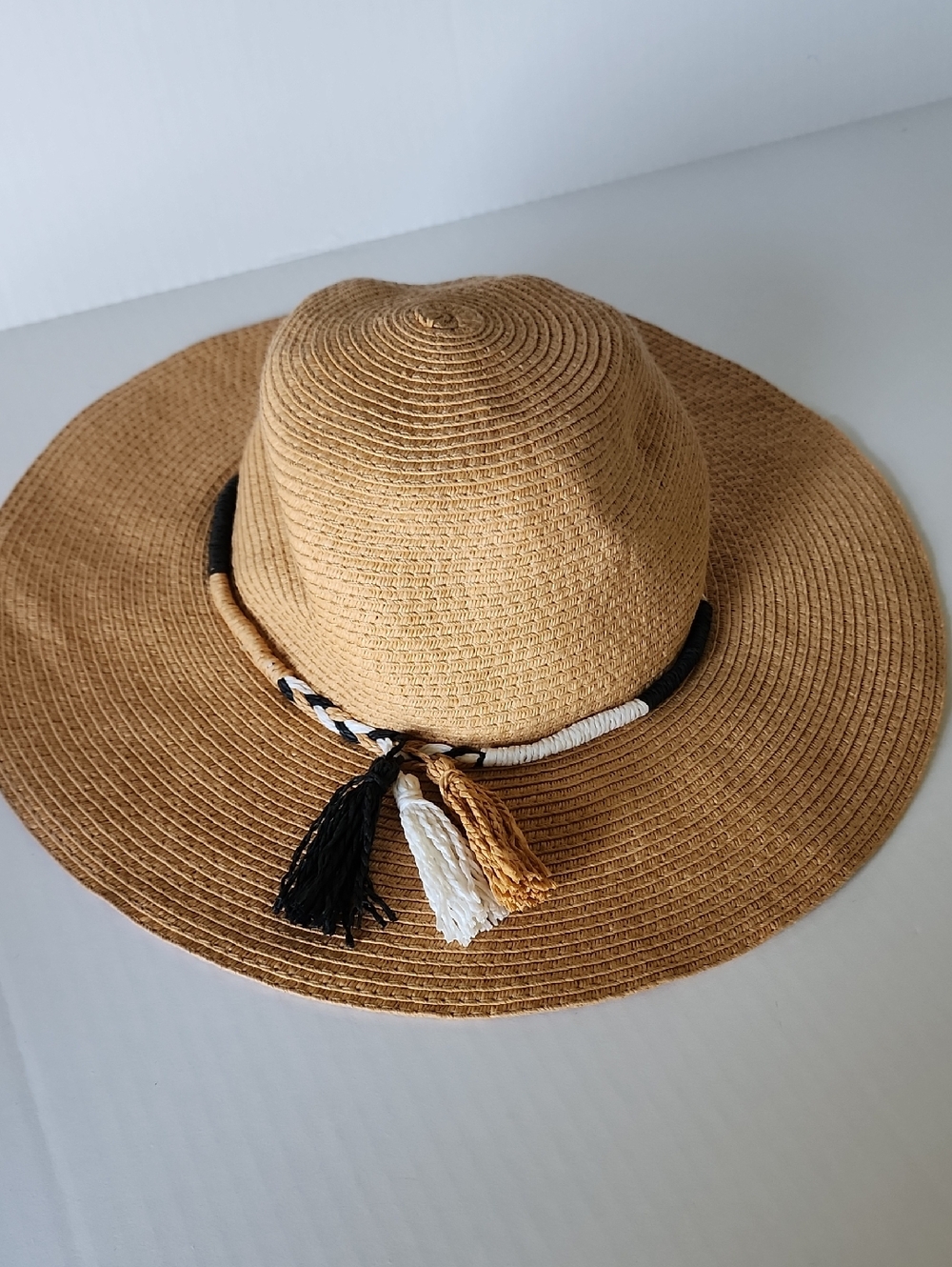Wide Brim Boho Chic Straw Sun Hat with Braided Tassel Trim Accent